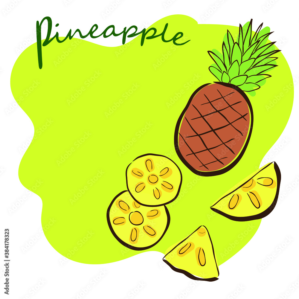 pineapple, doodle, postcard, packaging, banner, green background, vector image pineapple, doodle, postcard, packaging, banner, green background, vector image