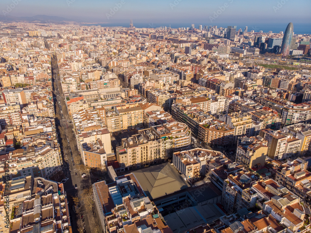 Barcelona street aerial view with beautiful patterns in Spain. 2020