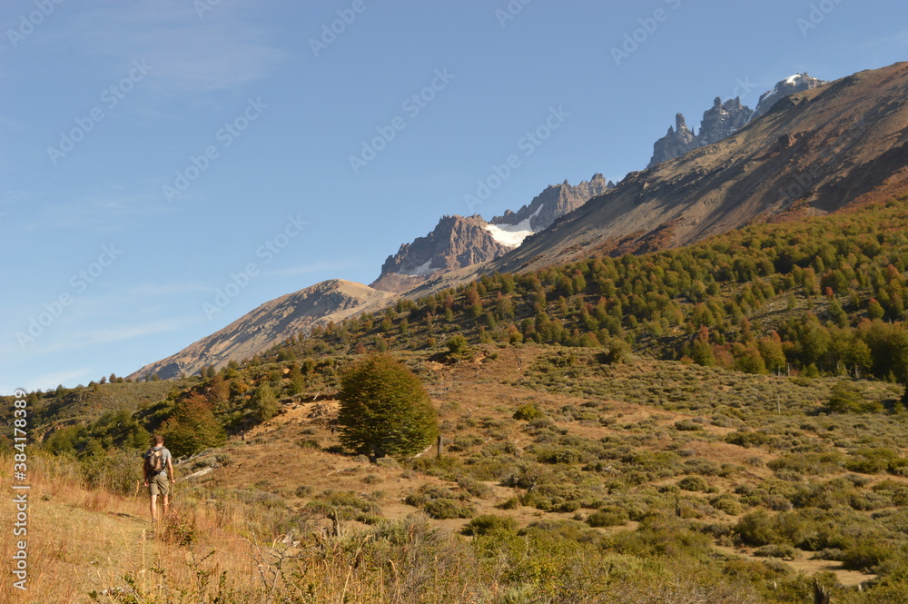 Fototapeta premium Hiking and climbing up to the Cerro Castillo Mountain in the national reserve of Patagonia, Chile