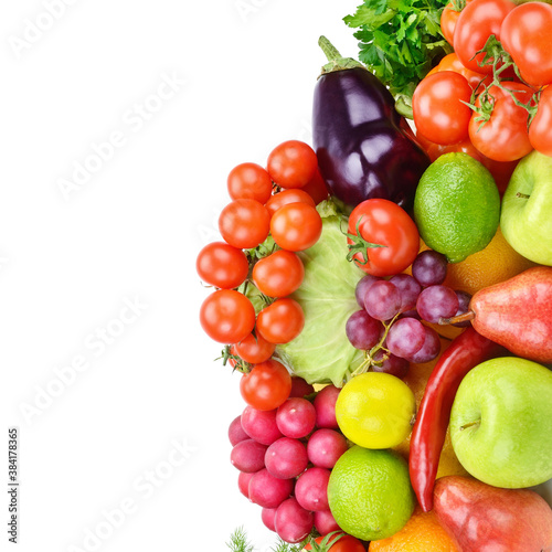 vegetables and fruits isolated on a white background. Healthy food. Free space for text.
