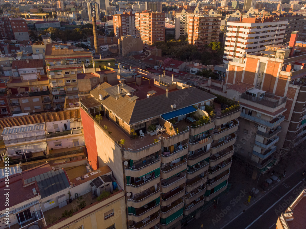 Barcelona street aerial view with beautiful patterns in Spain. 2020