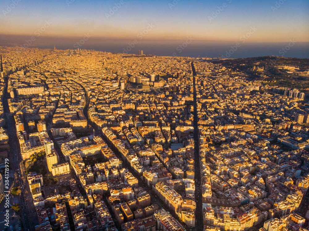 Barcelona street aerial view with beautiful patterns in Spain. 2020