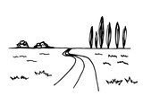 Simple hand-drawn vector drawing in black outline. Cypress trees on the horizon, road, grass, meadows. Rural landscape, nature. For prints of cards, labels.