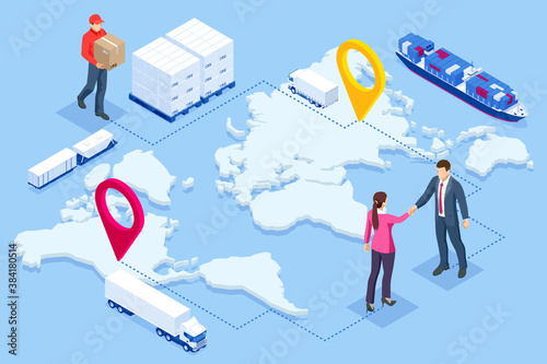 Global logistics network. Flat 3d isometric vector illustration. Set of air cargo trucking rail transportation maritime shipping. On-time delivery Vehicles designed to carry large numbers cargo