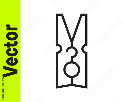 Black line Old wood clothes pin icon isolated on white background. Clothes peg. Vector.
