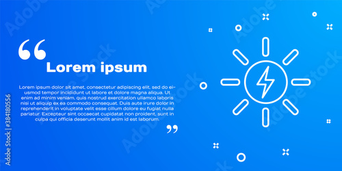 White line Solar energy panel icon isolated on blue background. Sun with lightning symbol. Vector.