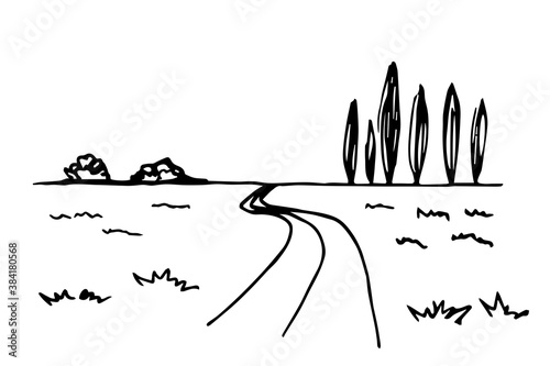 Simple hand-drawn vector drawing in black outline. Cypress trees on the horizon, road, grass, meadows. Rural landscape, nature. For prints of cards, labels.