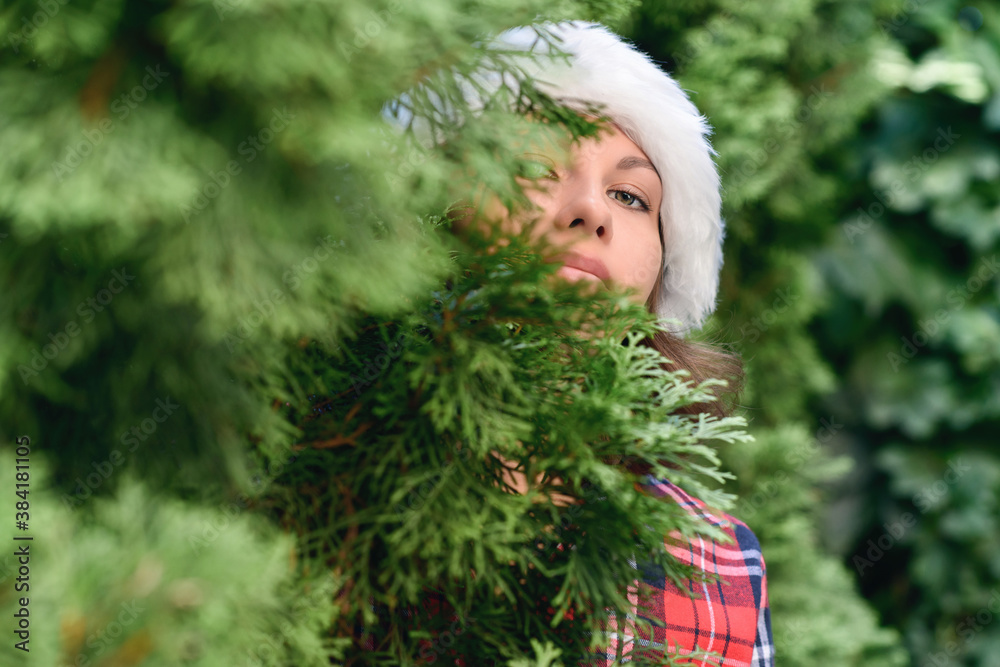 Merry Christmas concept. Delighted happy face woman in a santa claus red hat looks away through green fir tree branches in the forest