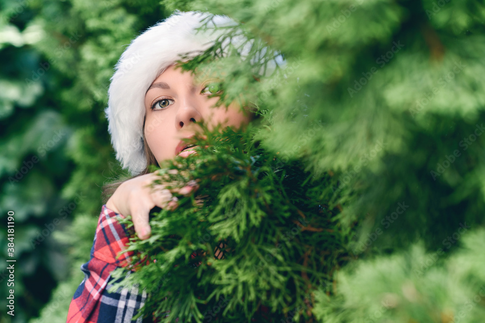 Scared, open-eyed look of a beautiful girl in a santa claus hat hiding behind a christmas tree. Concept