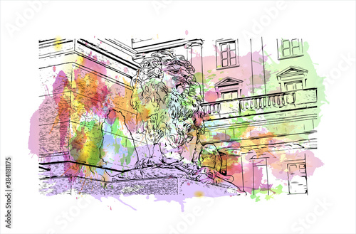 Building view with landmark of Bergamo is a city in the alpine Lombardy region of northern Italy. Watercolor splash with hand drawn sketch illustration in vector.