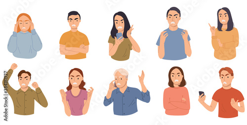 Collection of portraits of angry, furious young man and woman isolated on white background.