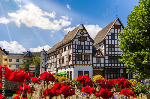Bad Munstereifel/ Germany: View of the Historical Medieval City with the typical Half-timbered Houses and Blue Sky