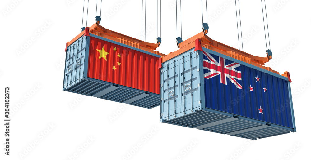 Freight containers with New Zealand and China national flags. 3D Rendering