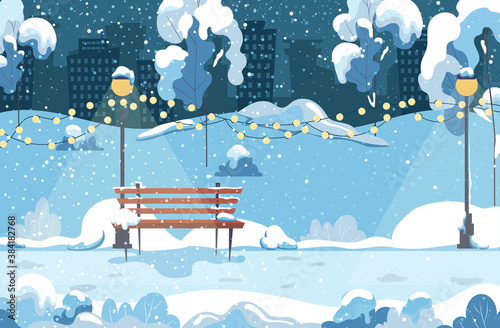 Winter park with bench, trees, lanterns and a garland at night. City landscape. Cartoon vector illustration of natural background for poster, banner, card, brochure or cover.
