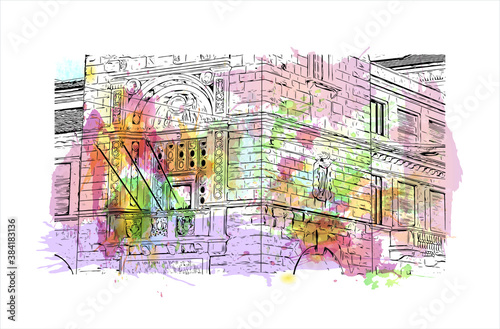 Building view with landmark of Bergamo is a city in the alpine Lombardy region of northern Italy. Watercolor splash with hand drawn sketch illustration in vector.