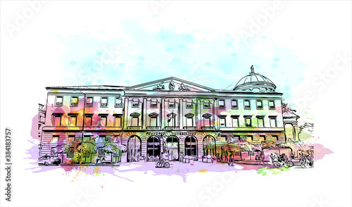 Building view with landmark of Bergamo is a city in the alpine Lombardy region of northern Italy. Watercolor splash with hand drawn sketch illustration in vector.