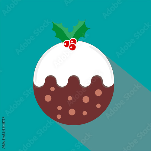 Traditional Christmas Pudding with holly and red berrys  - flat vector illustration on a green background