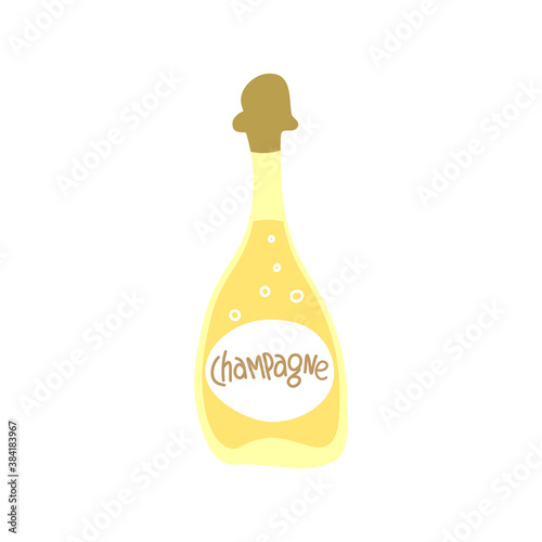 Champagne bottle on white background. Cartoon sketch graphic design. Doodle style. Hand drawn image. Party drinks concept. Freehand drawing style