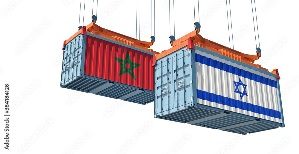 Freight containers with Israel and Morocco national flags. 3D Rendering