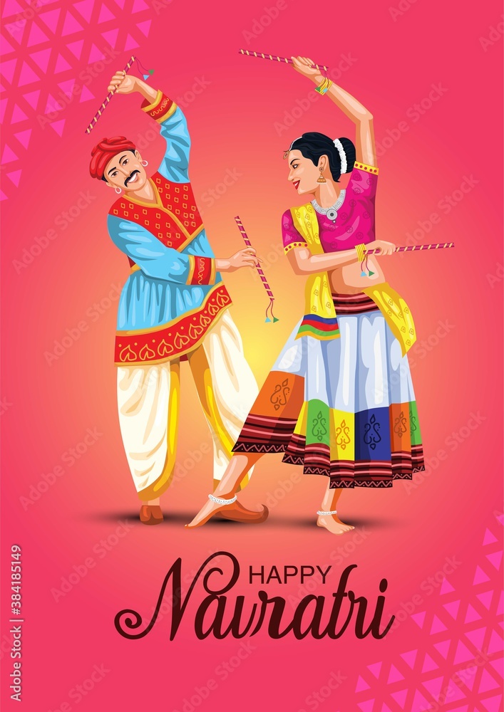 Garba Night poster for Navratri Dussehra festival of India. vector illustration of couple playing Dandiya dance.