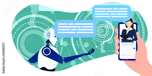 Online chat with artificial intelligence. Voice assistant that is installed in the mobile browser. Help finding the information you need on the Internet. Artificial robot. vector.