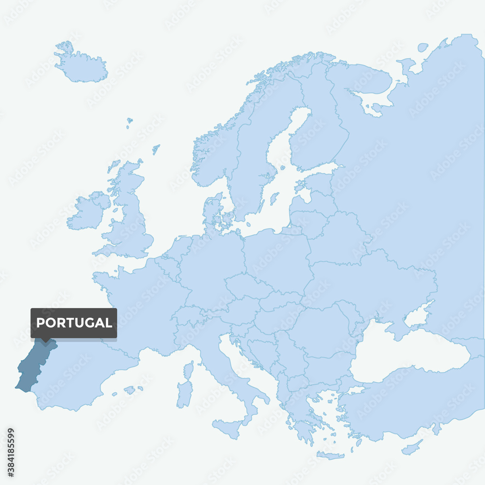 Europe map with the identication of Portugal. Map of Portugal. Location, information design. Vector stock