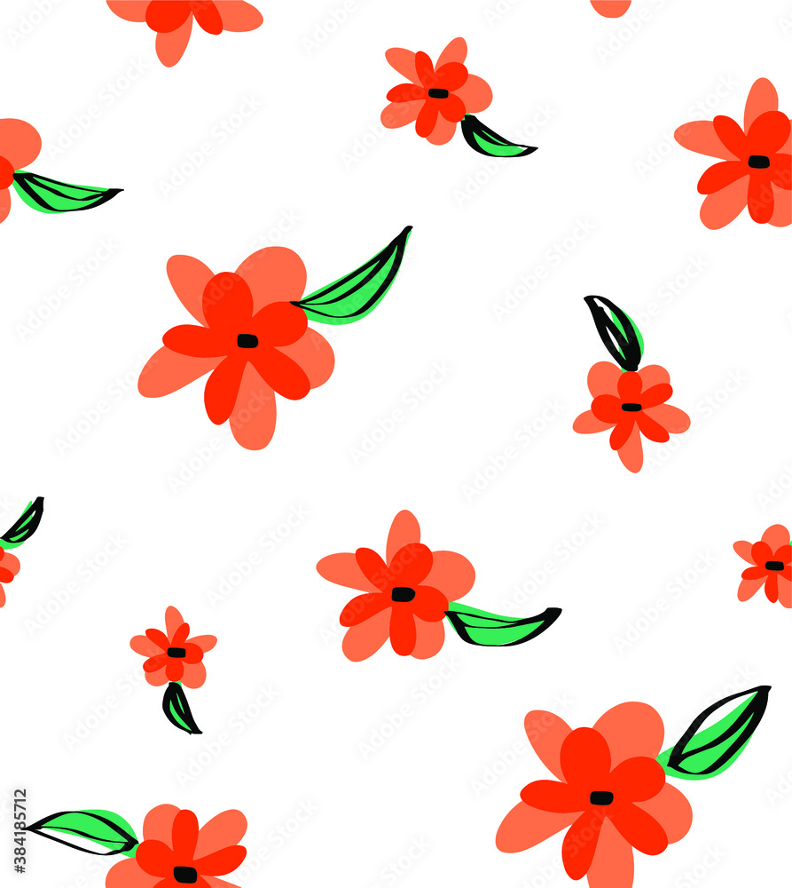 Abstract Hand Drawing Flowers and Leaves Repeating Vector Pattern Isolated Background