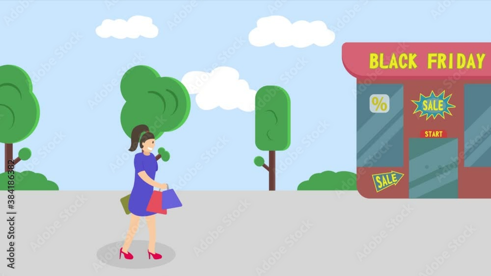 Woman walking toward a mall with black friday text Woman walking toward a mall with black friday text