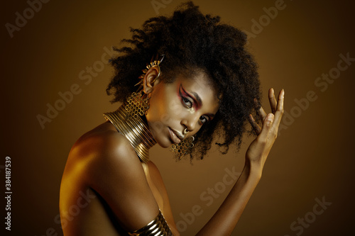 Colorful portrait of a beautiful afro girl wearing gold jewelry