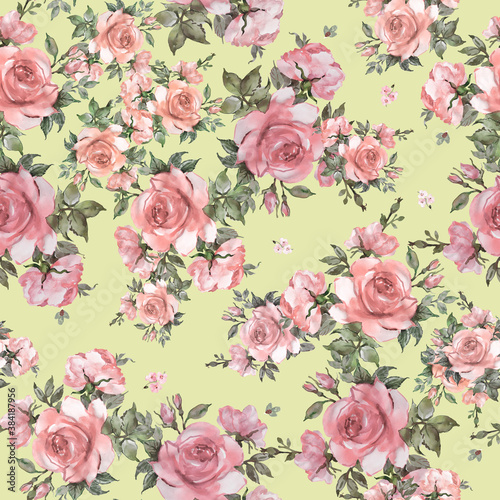 Seamless beautiful pattern of painted roses with foliage