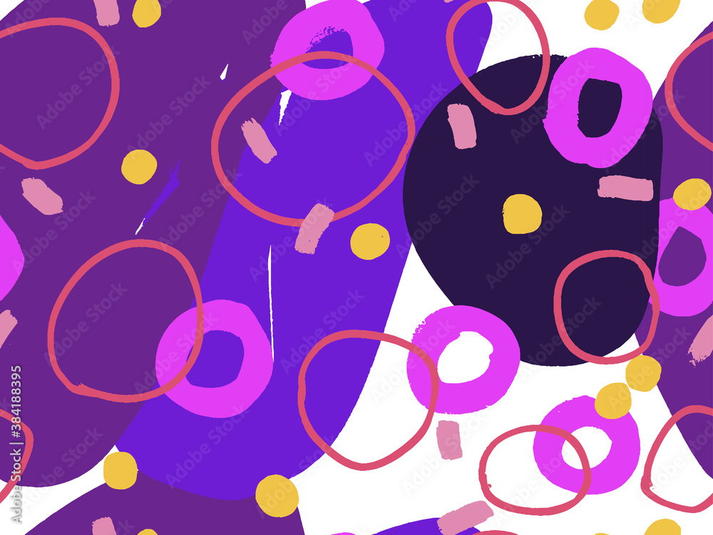 Fototapeta premium Seamless abstract doodle background pattern in bright summer positive colors. Hand-drawn abstract pattern with randomly arranged spots and dots and lines. Pencil and paint texture.
