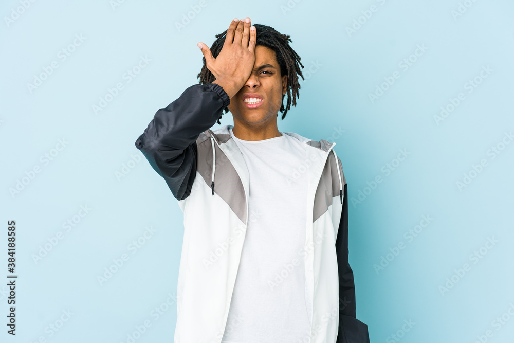 Young african american sport man forgetting something, slapping forehead with palm and closing eyes. Young african american sport man forgetting something, slapping forehead with palm and closing eyes.