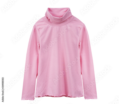Turtle neck child girl's top with long sleeves isolated on white.Pink shirt casual winter clothing. © nys