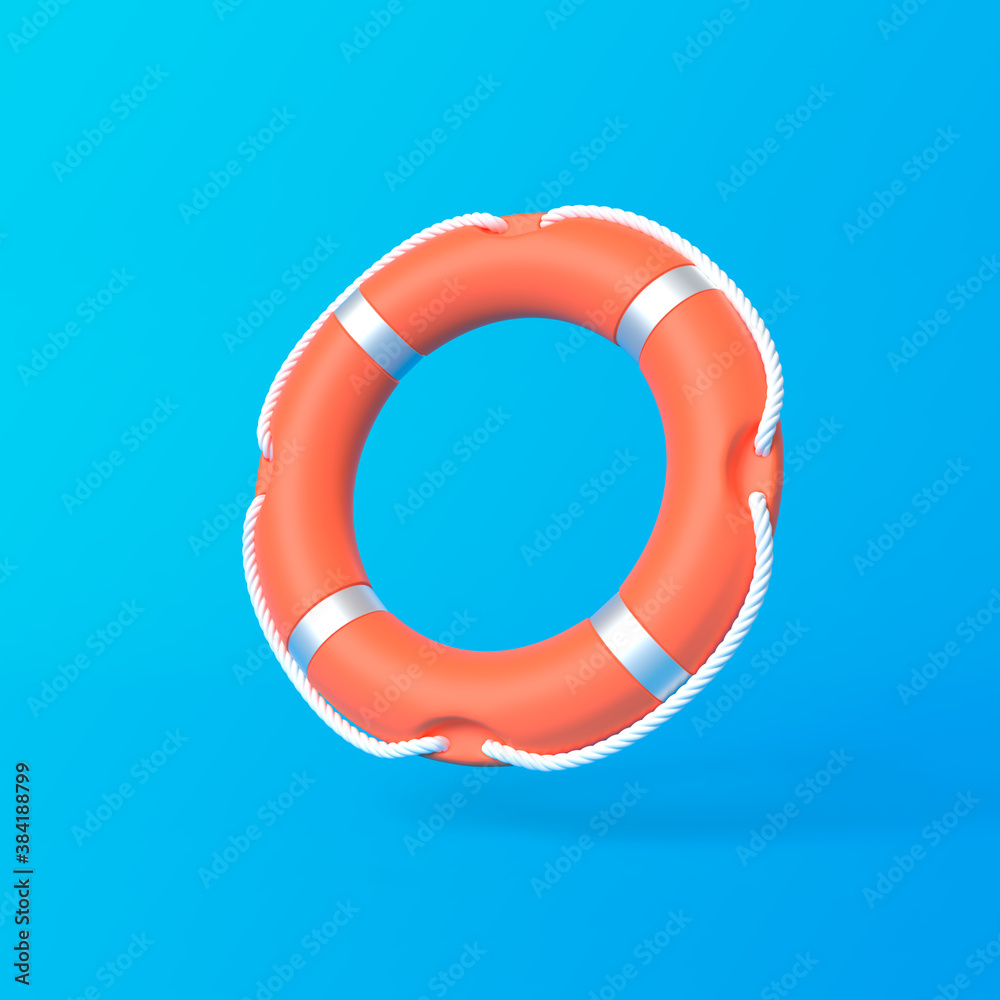 Lifebuoy on a blue background. Minimal Idea ring buoy creative concept design copy space. 3D rendering illustration Lifebuoy on a blue background. Minimal Idea ring buoy creative concept design copy space. 3D rendering illustration