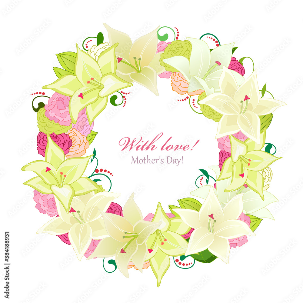 invitation card with wreath of white lilies and pink roses for y