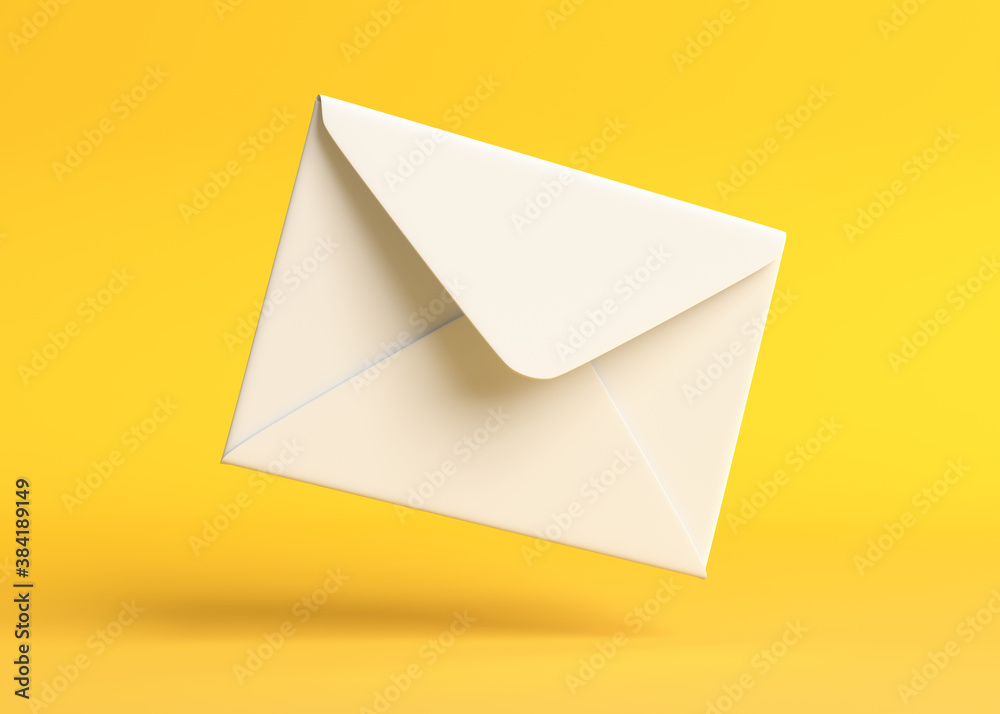 Envelope falling on the ground on a yellow backgorund. Email notification. Minimal design. 3D rendering illustration Envelope falling on the ground on a yellow backgorund. Email notification. Minimal design. 3D rendering illustration