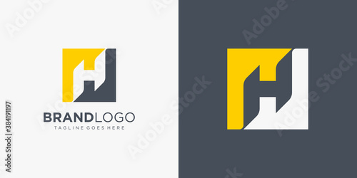 Simple Initial Letter H Logo. Yellow and Grey Square Shape with Negative Space H Letter isolated on Double Background. Usable for Business and Branding Logos. Flat Vector Logo Design Template Element.