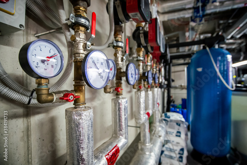 Pressure sensor in an industrial boiler room. Barometer in the heating system. Close-up.