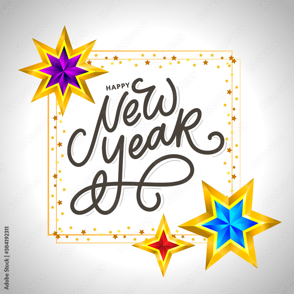 Happy New Year 2020. Lettering Composition With Stars And Sparkles. Holiday Vector Illustration frame Happy New Year 2020. Lettering Composition With Stars And Sparkles. Holiday Vector Illustration frame