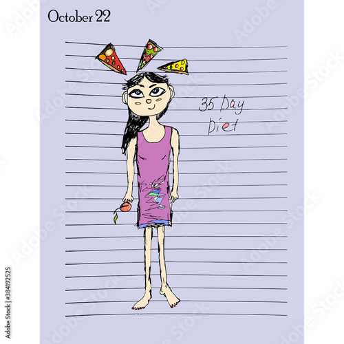 Funny girl in a nightgown dreams of pizza. Diet, proper nutrition, apple, cartoon, drawing. Сalendar, diary


