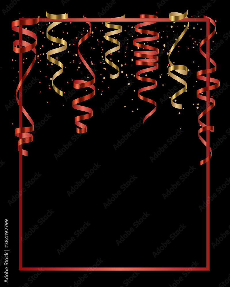 Vector red and gold serpentine, ribbon with red and gold dust confetti isolated on black background. Christmas card for party, holiday design, decor. Vector illustration. 