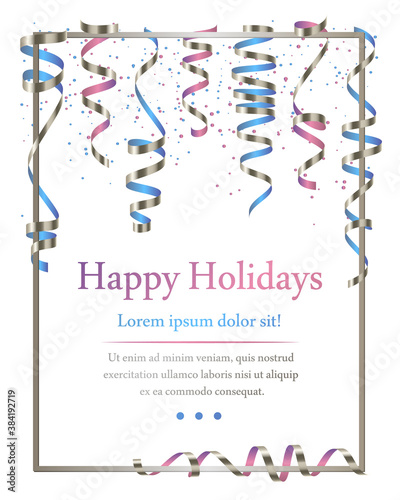 Vector silver and blue, pink serpentine, ribbon with silver and blue, pink dust confetti and lettering isolated on white background. Christmas card for party, holiday design, decor. Illustration.