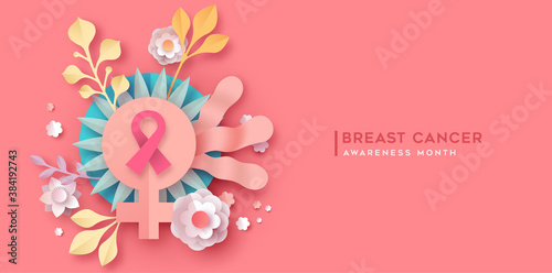 Breast cancer awareness month pink ribbon papercut banner