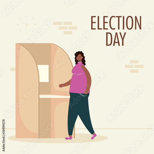 election day lettering with afro woman in voting cubicle