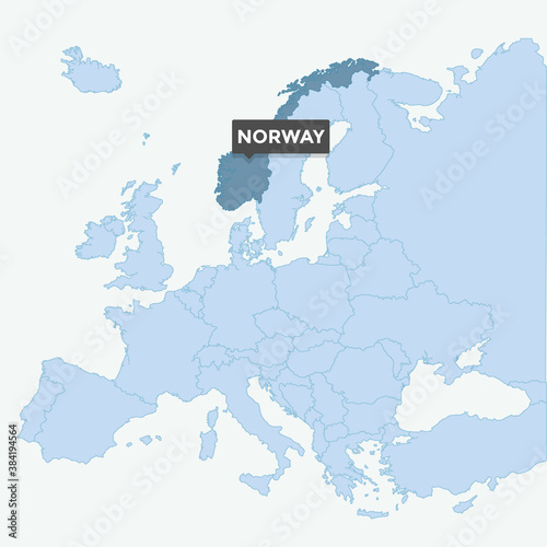 Europe map with the identication of Norway. Map of Norway. Location, information design. Vector stock