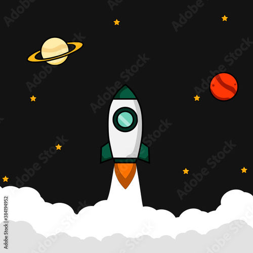 Vector illustration of a space rocket launch surrounded by planets. Perfect for Web pages, flyers, posters, brochure design templates. and others