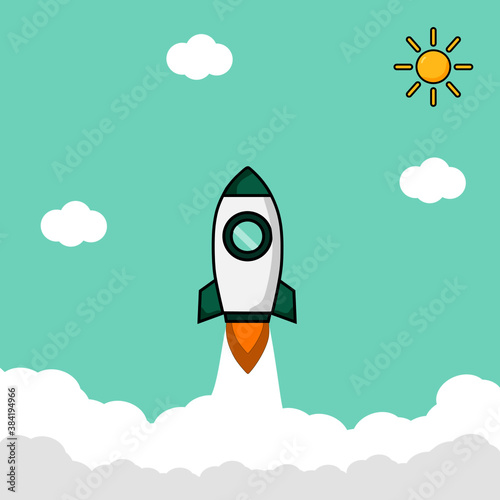 Vector illustration of a 3D rocket launch with clouds around it. Perfect for Web pages, flyers, posters, brochure design templates. and others