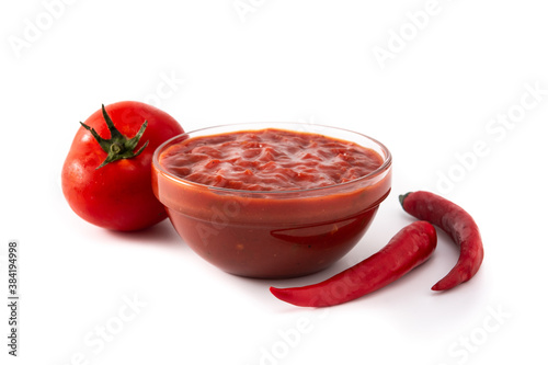 Spicy chili sauce in bowl isolated on white background