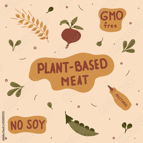 Set of hand-drawn lettering and green plants with the ingredients of plant-based meat. Vector illustration. 