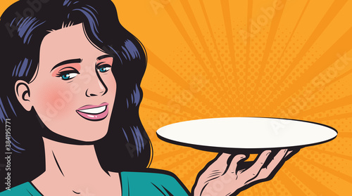 Young beautiful woman with empty tray. Presentation, promotion concept vector illustration